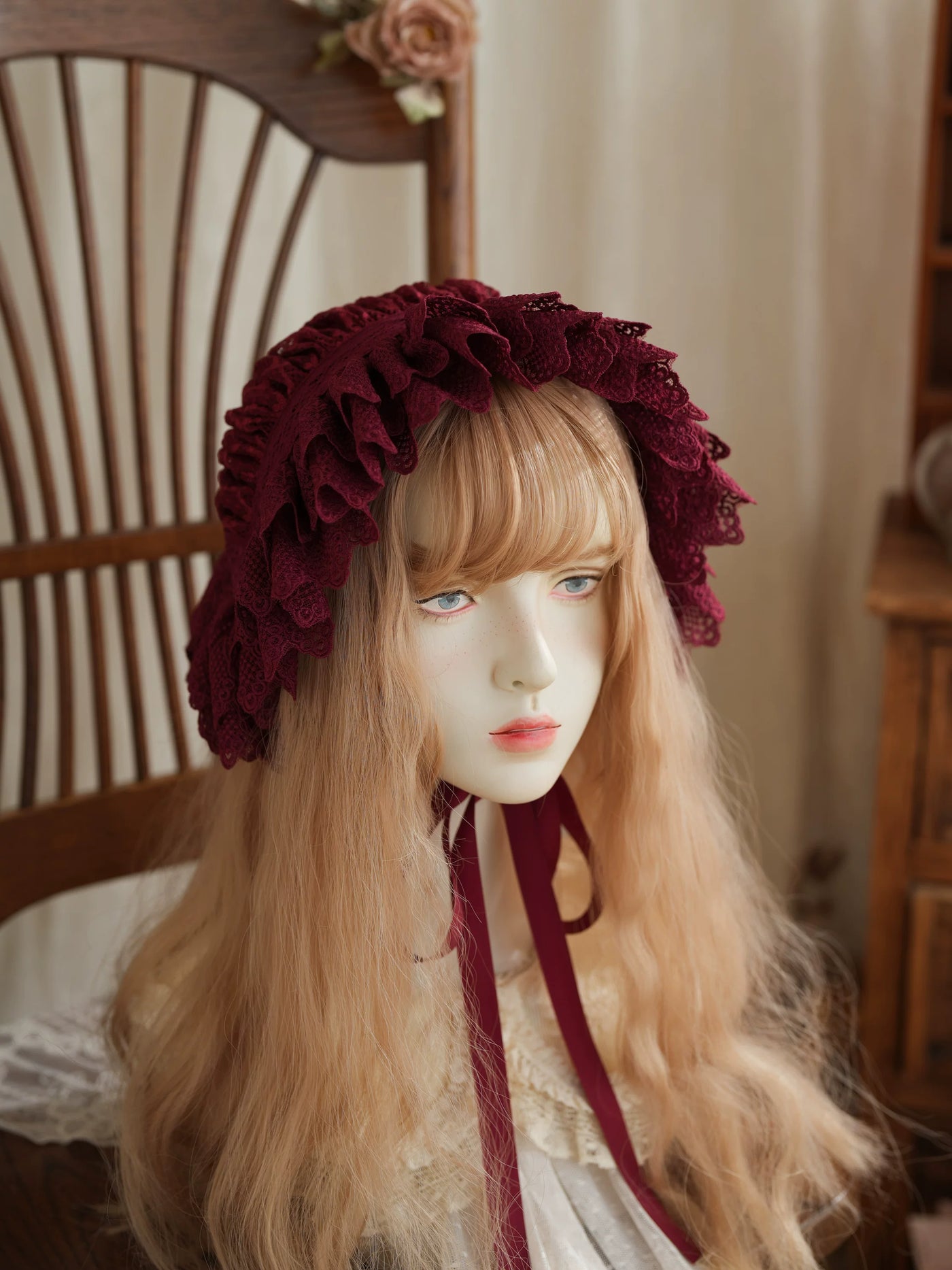 Star Box - Air Flora - Layered-Lace Bonnet with Long Ribbon Ties