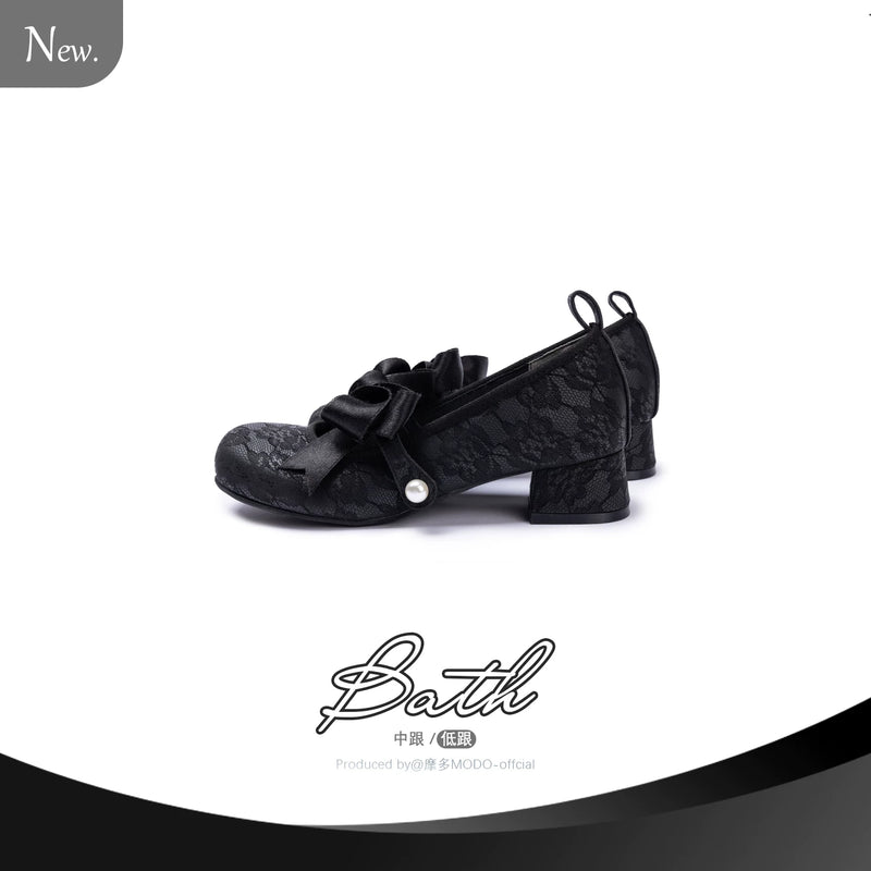 MODO Beth Patent Bow Mary Jane Lolita Shoes – Textured Black - Low Heel – view 6