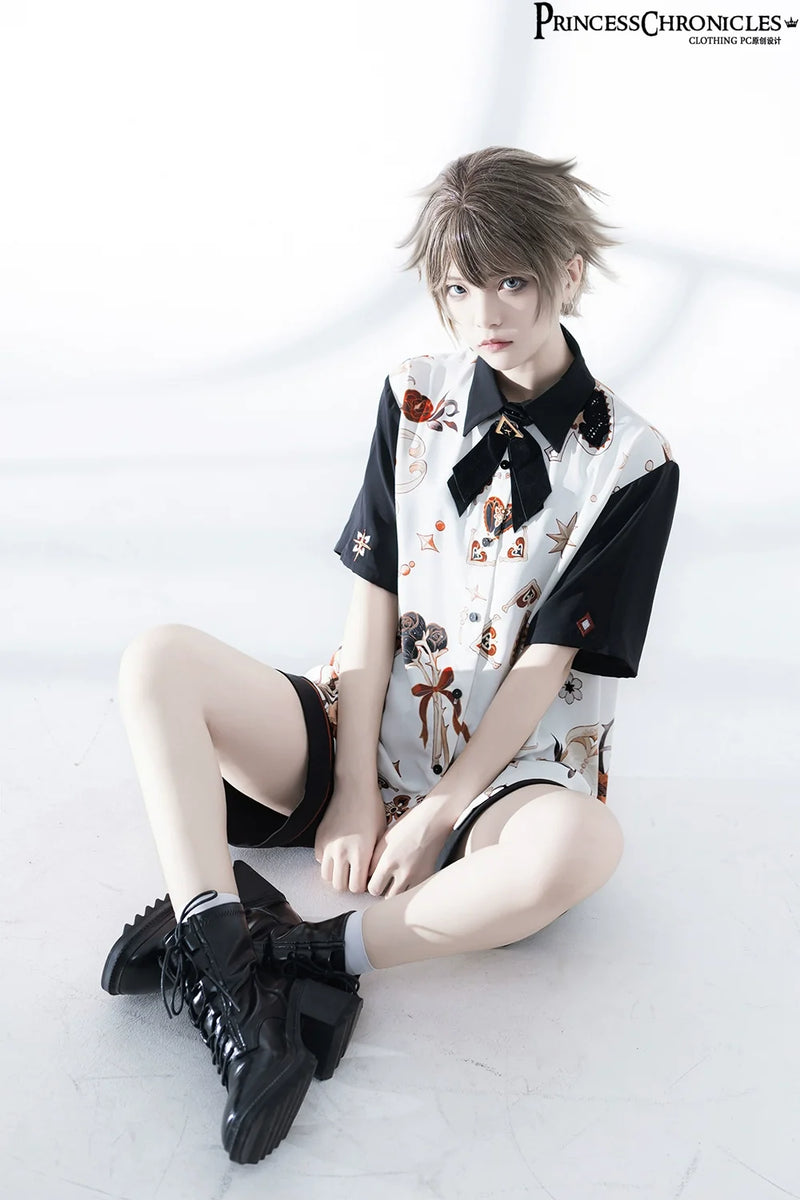Princess Chronicles - Floral Intoxication - Retro Ouji Lolita Shirt Floral Short Sleeve Shirt and Embroidered Black