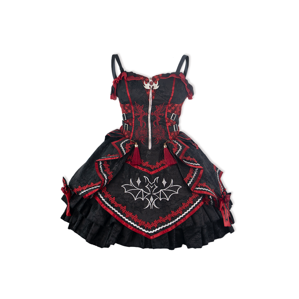 Black and red Gothic Lolita JSK with rose and cross embroidery on a graphic background