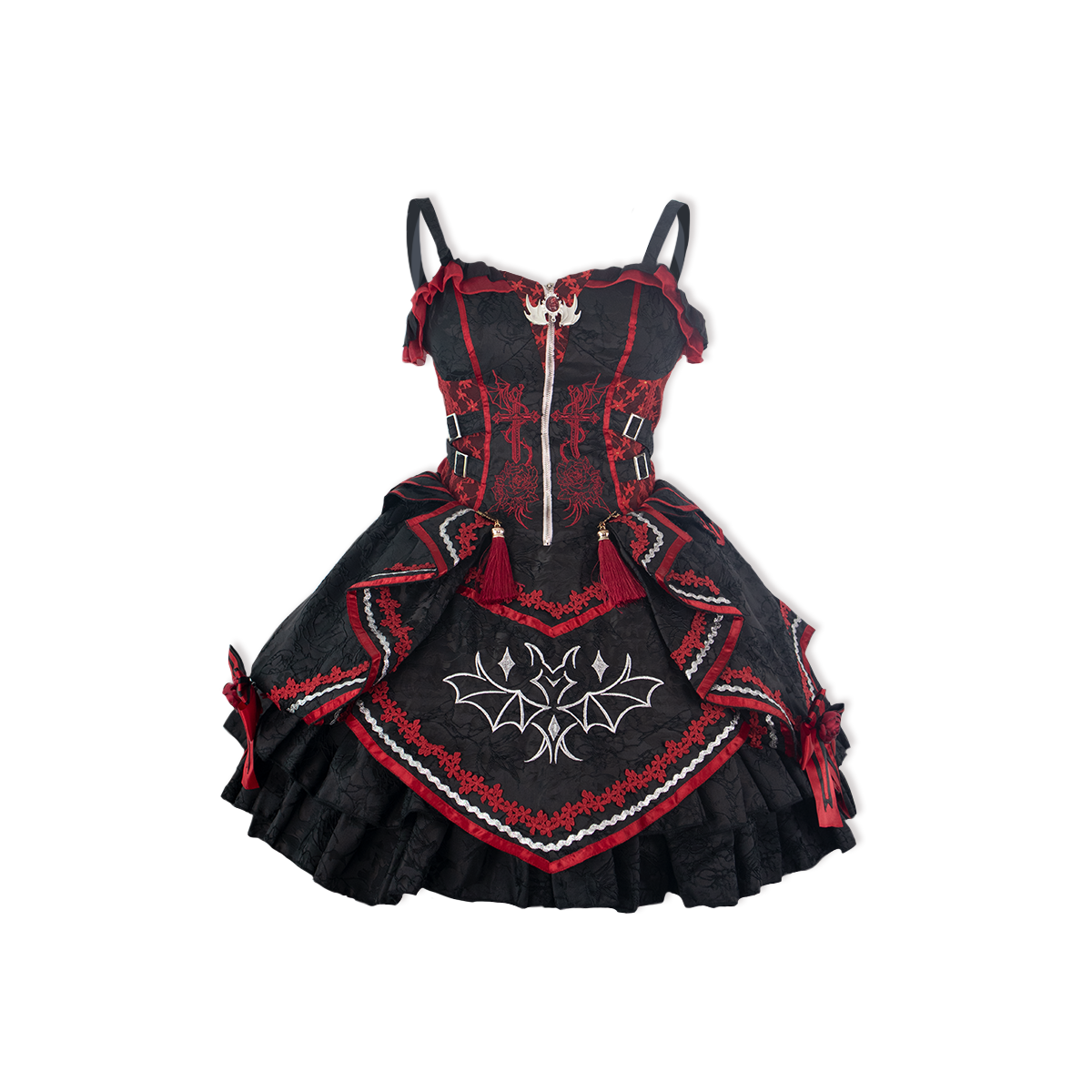 Black and red Gothic Lolita JSK with rose and cross embroidery on a graphic background