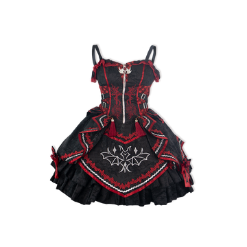 OCELOT - Dark Bat Motion - Black-and-Red Gothic Lolita JSK Dress with rose and cross embroidery