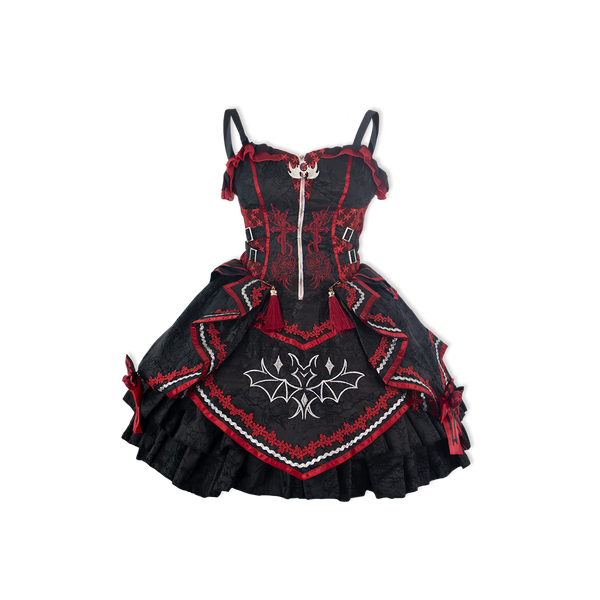 Black and red Gothic Lolita JSK with rose and cross embroidery on a graphic background
