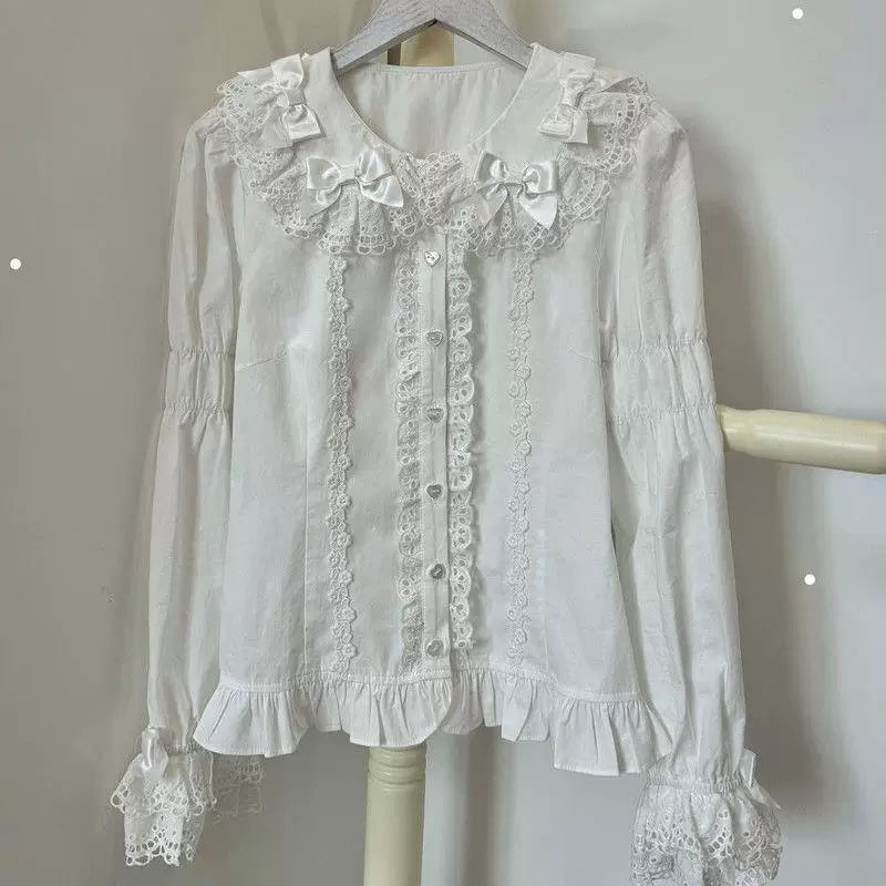 Sweetheart Dream Machine - Vintage Doll Collar - Blouse with Lace Trim, Bow Accents and Ruffled Hem