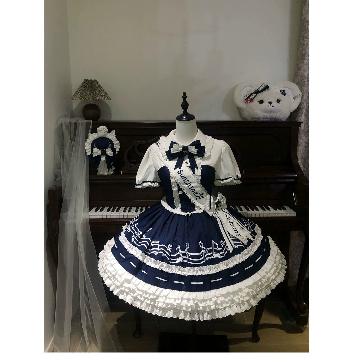 Creamy - Navy Note Academy - Navy-and-White OP Dress with Musical-Note Skirt