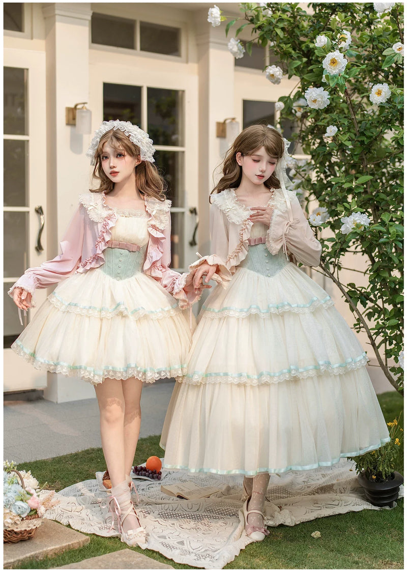 With PUJI - Sea Salt Soda - Classic Lolita Adjustable Corset JSK Dress, Tiered Tulle Hem