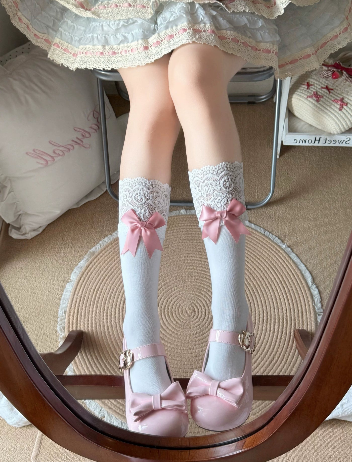 Fantasy Doll - Sweet Ribbon Lace - Cotton Mid-Calf Socks with Bow Detail