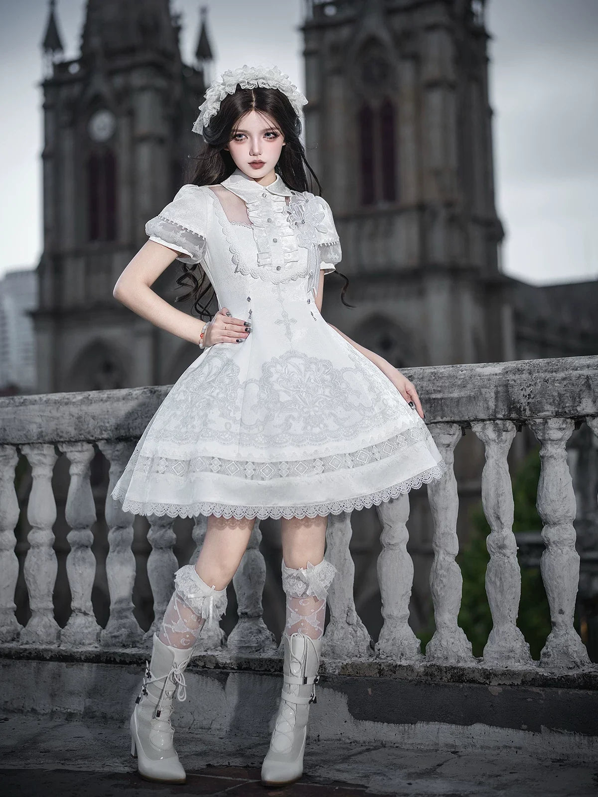 Letters from Unknown Star - White Classic Lolita Printed OP - Dress with Cross OP Dress