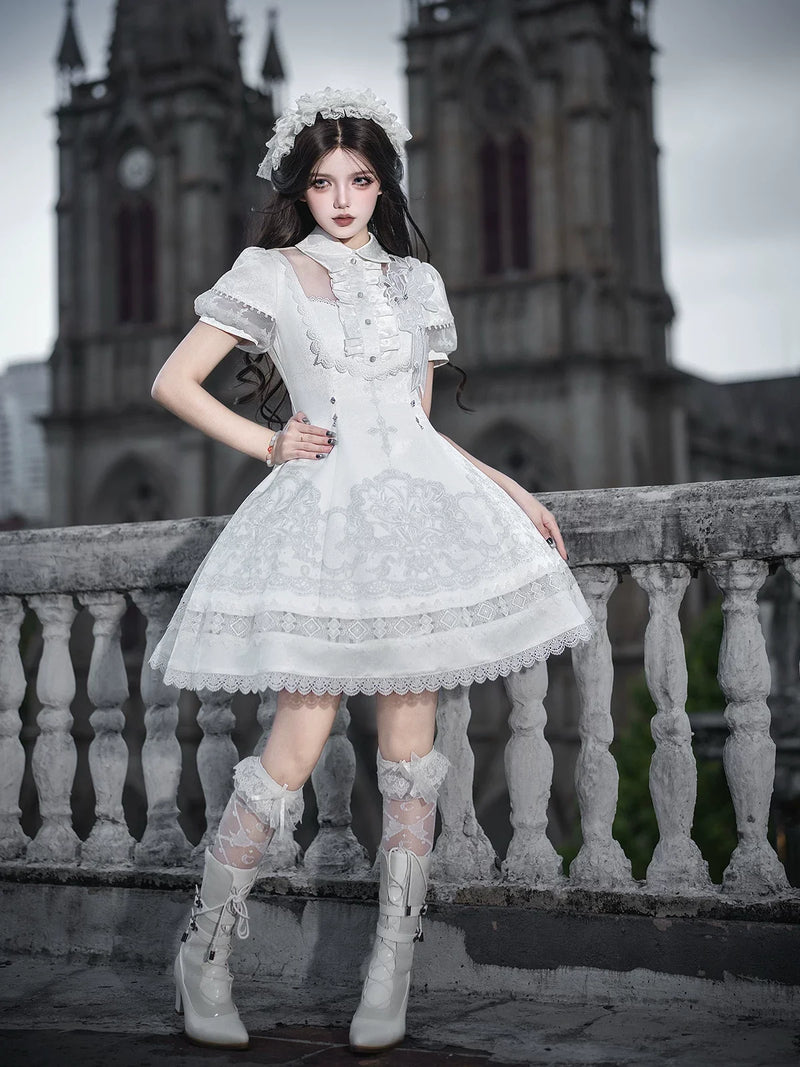 Letters from Unknown Star - White Classic Lolita Printed OP - Dress with Cross OP Dress
