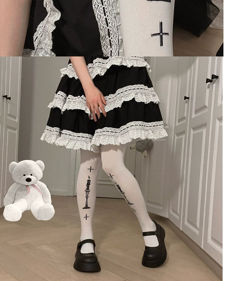 roji roji - Prayer Candle - 80D Printed Tights with Cross and Candle Motifs