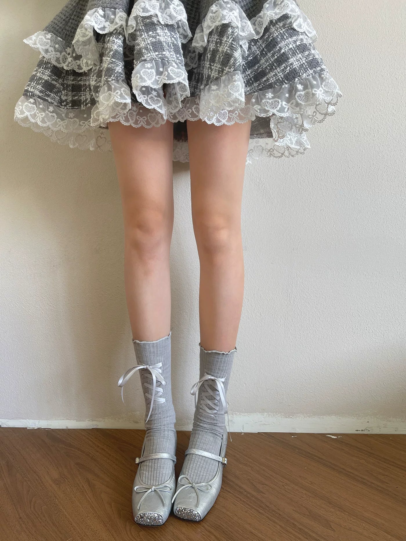 Sock Noble - Ballet Ribbon - Ribbed Slouchy Socks with Criss-Cross Ribbon Ties