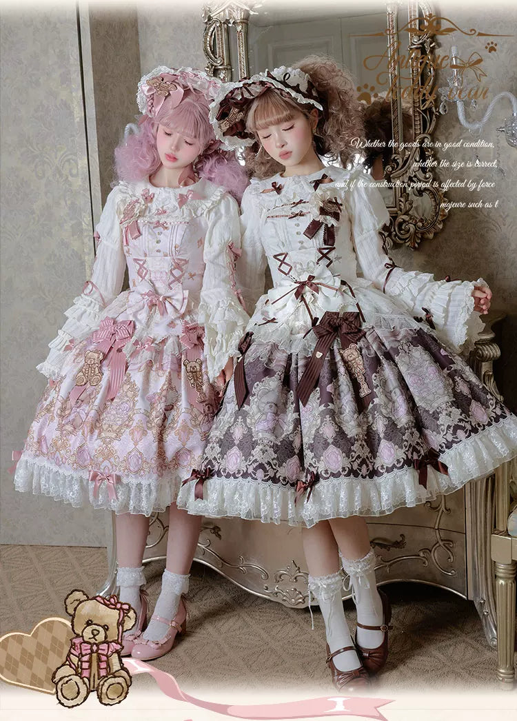 OCELOT - Antique Teddy Bear - Classic Lolita Printed JSK Dress with Ribbon Bows