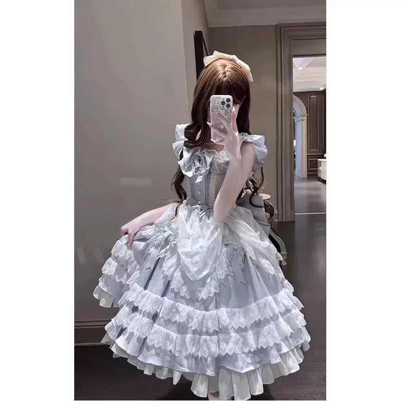 Creamy - Blue Doll Princess - Ruffled Lolita Dress with a Train