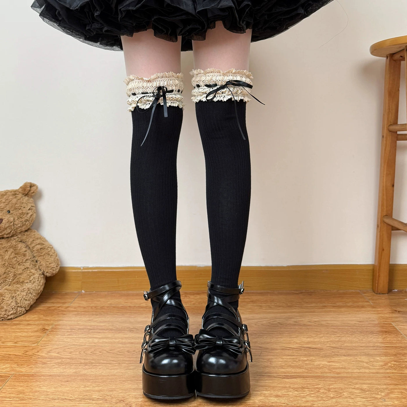 Chubby Bear Tales - Caramel Cocoa - Lace Bow Calf and Over-the-Knee Socks