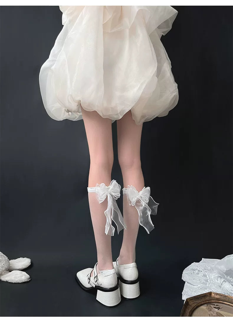 Sock Noble - Crystal Bow - Sheer Mid-Calf Slouch Socks with Bow Detail