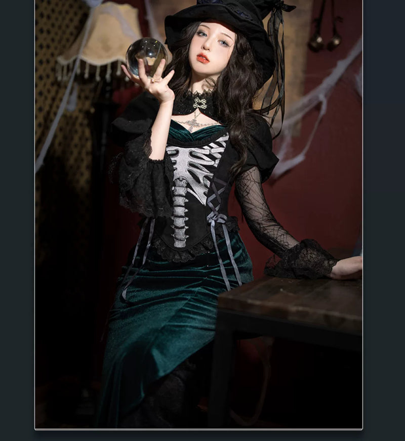 Baozi Pig - Deep Abyss Nightmare - Dark-Green One-Piece Qipao Dress with a Fishtail Hem