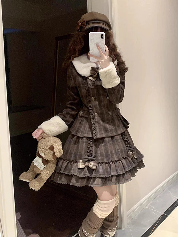 Creamy - Vintage Plaid Academy - Plaid Lolita Fashion Set with a Bow and Tiered Skirt