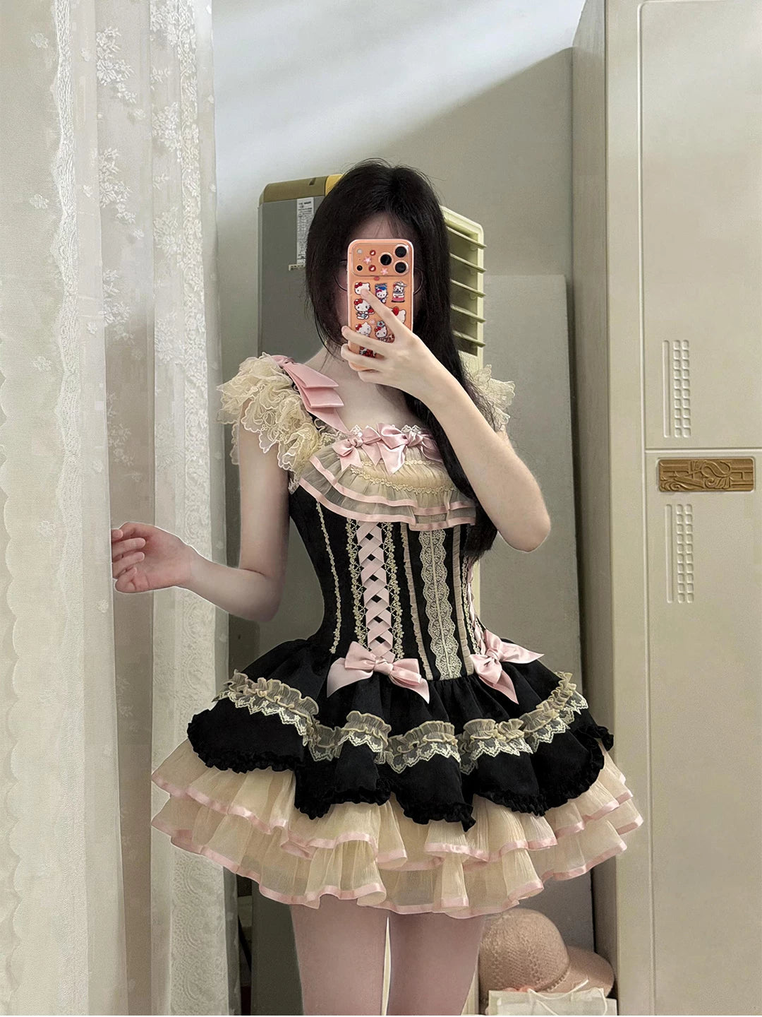 Creamy - Black-Pink Ribbon - JSK Dress with Ribbon Trim