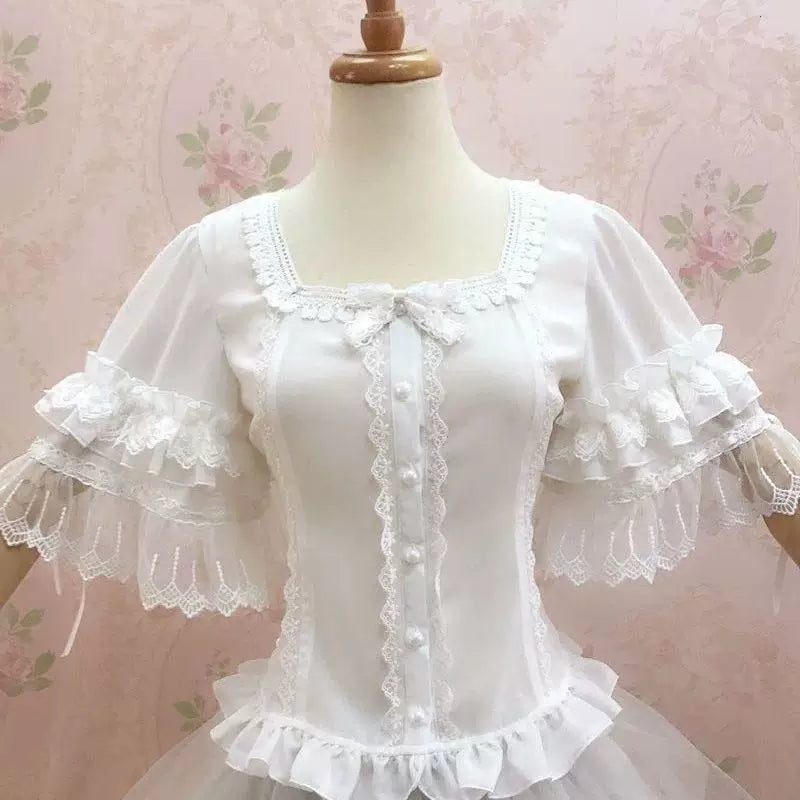 White short-sleeve Lolita blouse with square neckline and layered lace hime sleeves