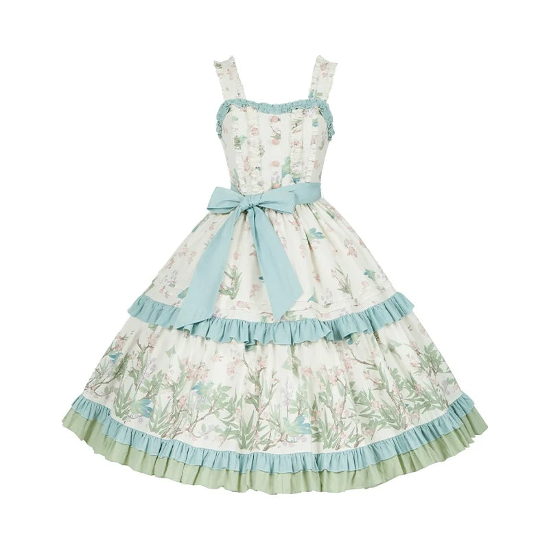 With PUJI - Oriole Time - Country Lolita JSK and OP Dress, Floral and Bird Print JSK + Waist tie S