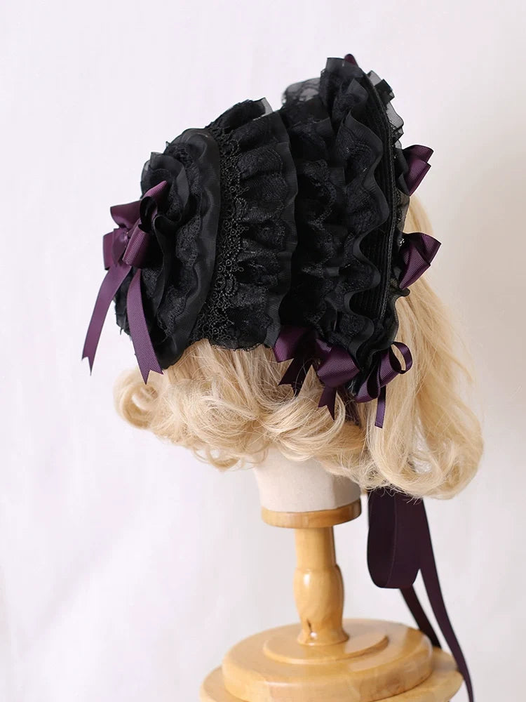 Xiaogui - Classic Lolita Lace Bonnet Hat - Detachable Bows Headwear