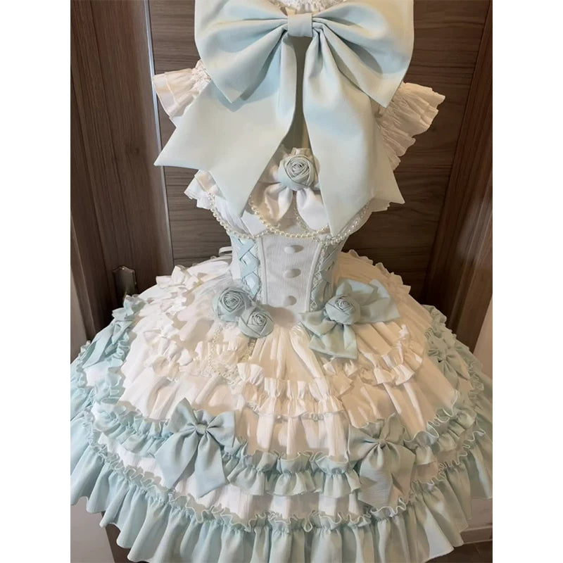 Creamy - Mint Rose Cascade - JSK with layered ruffles and a trailing skirt