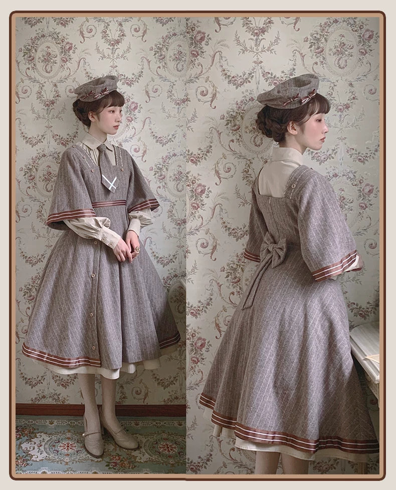 Baozi Pig - Detective Era - One-Piece Dress and Woolen Coat Set with Pinstripes