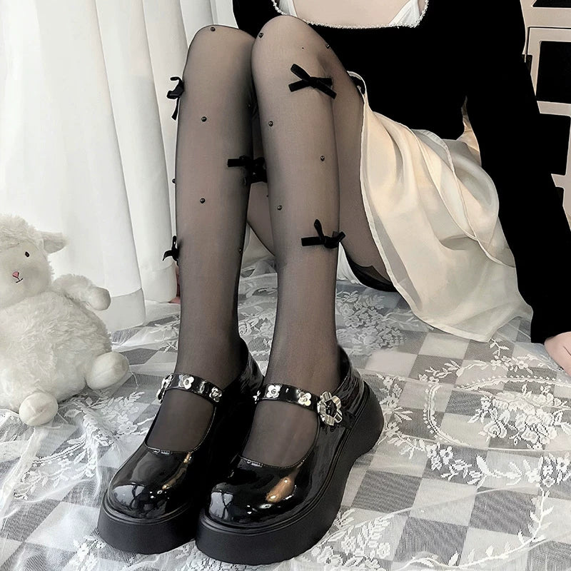 Floral Milk Cat - Ribbon Bow Sheer - Snag-Resistant Pantyhose with Ribbon Bows