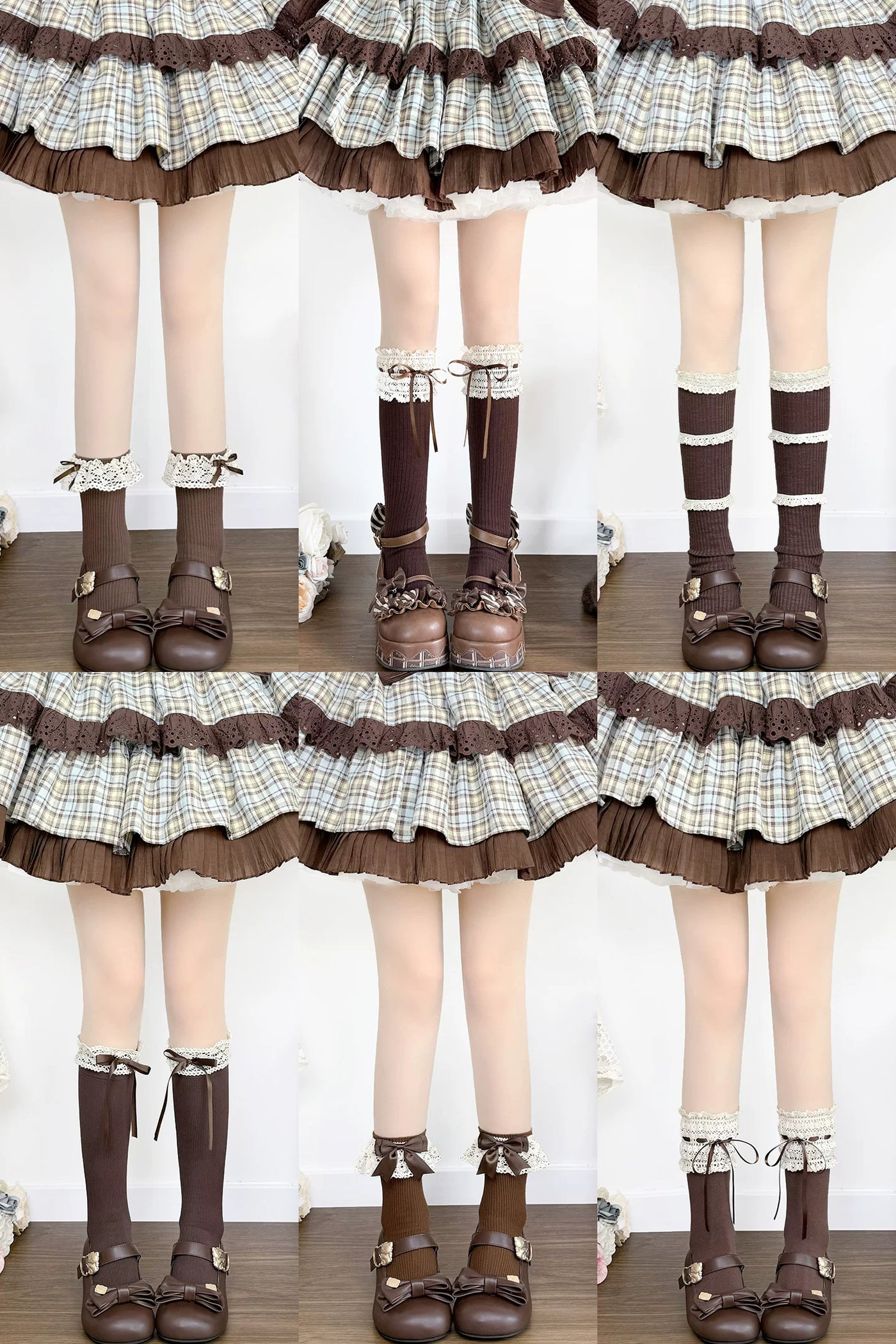 Brown Lolita socks with lace bows, straps, ruffles and pom-pom details shown on legs.