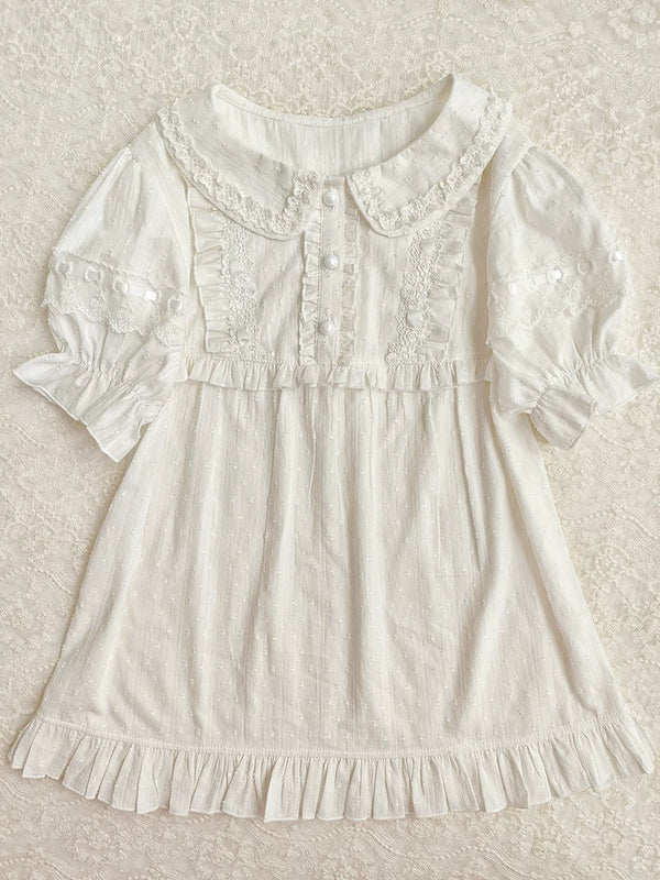 Yilia - Jacquard Sweetheart - Peter Pan Collar Puff Sleeve Blouse