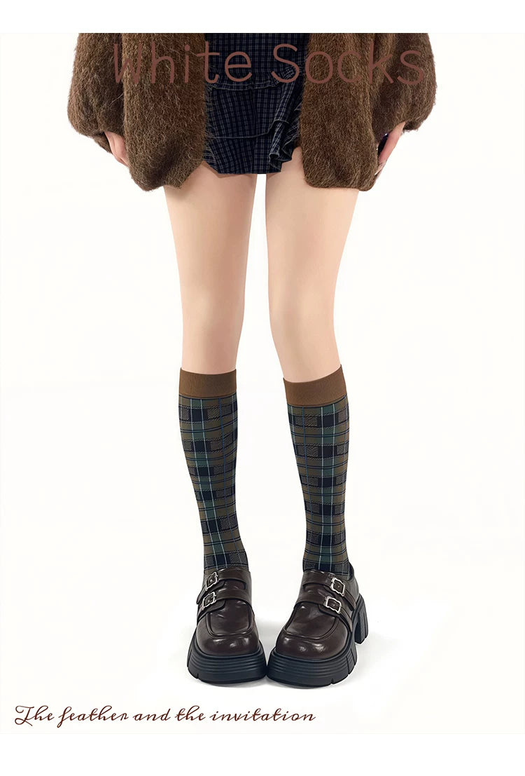 White Socks - Collegiate Plaid - Mid-Calf Socks with Contrast Cuffs