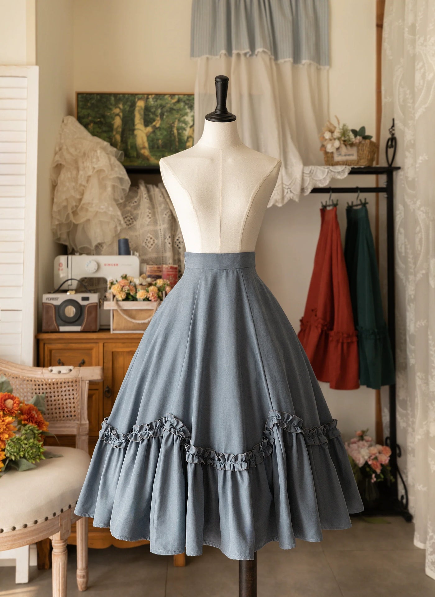Forest Basket - Elegant Lolita Skirt Retro Classic Petal Swing Skirt S Ivy green In stock