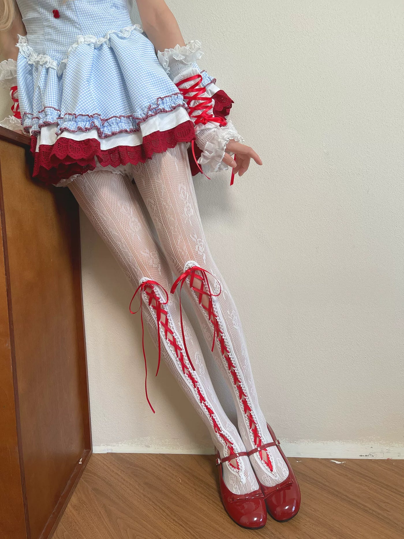 Sock Noble - Ballet Ribbon - White Pantyhose with Red or Pink Ribbon Straps