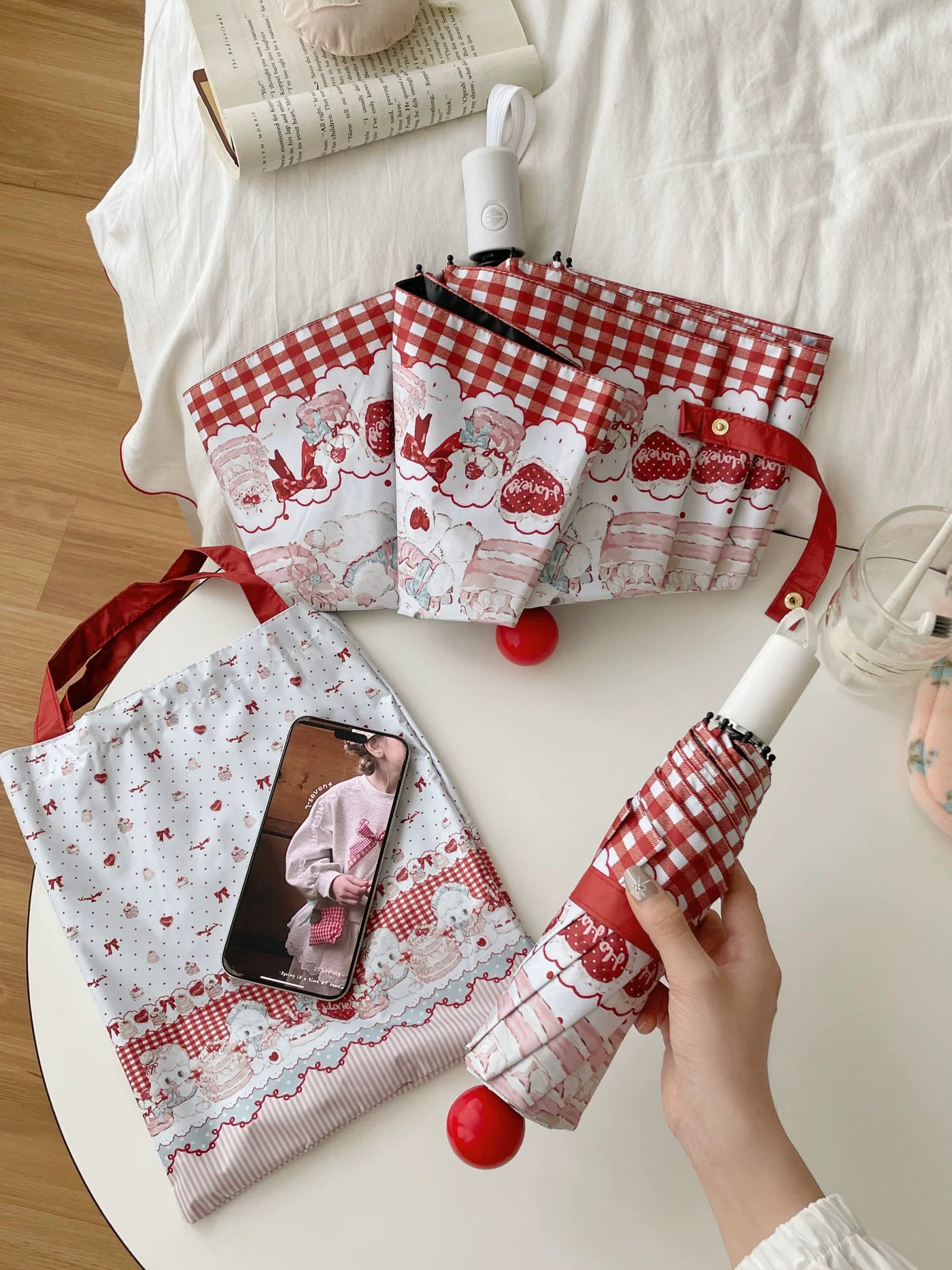 Independent Brand - Little Sheep - Printed Lolita Parasol with Red Plaid Border