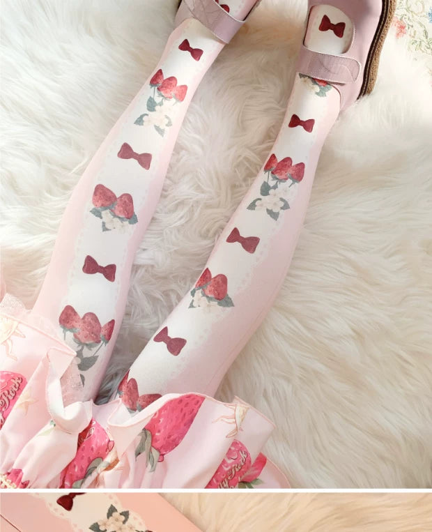 roji roji - Strawberry Ribbon - 120D Printed Tights with Strawberry and Bow Motifs