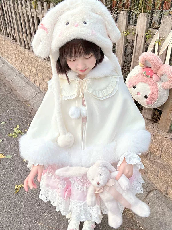 Jelly Girl - Winter Bunny - Plush Hooded Cape with Pom-Pom Ties
