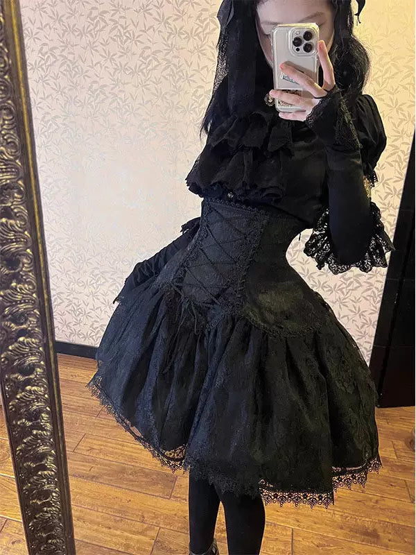 Creamy - Dark Gothic Set - Black Blouse and SK Skirt Set with Drool Bib