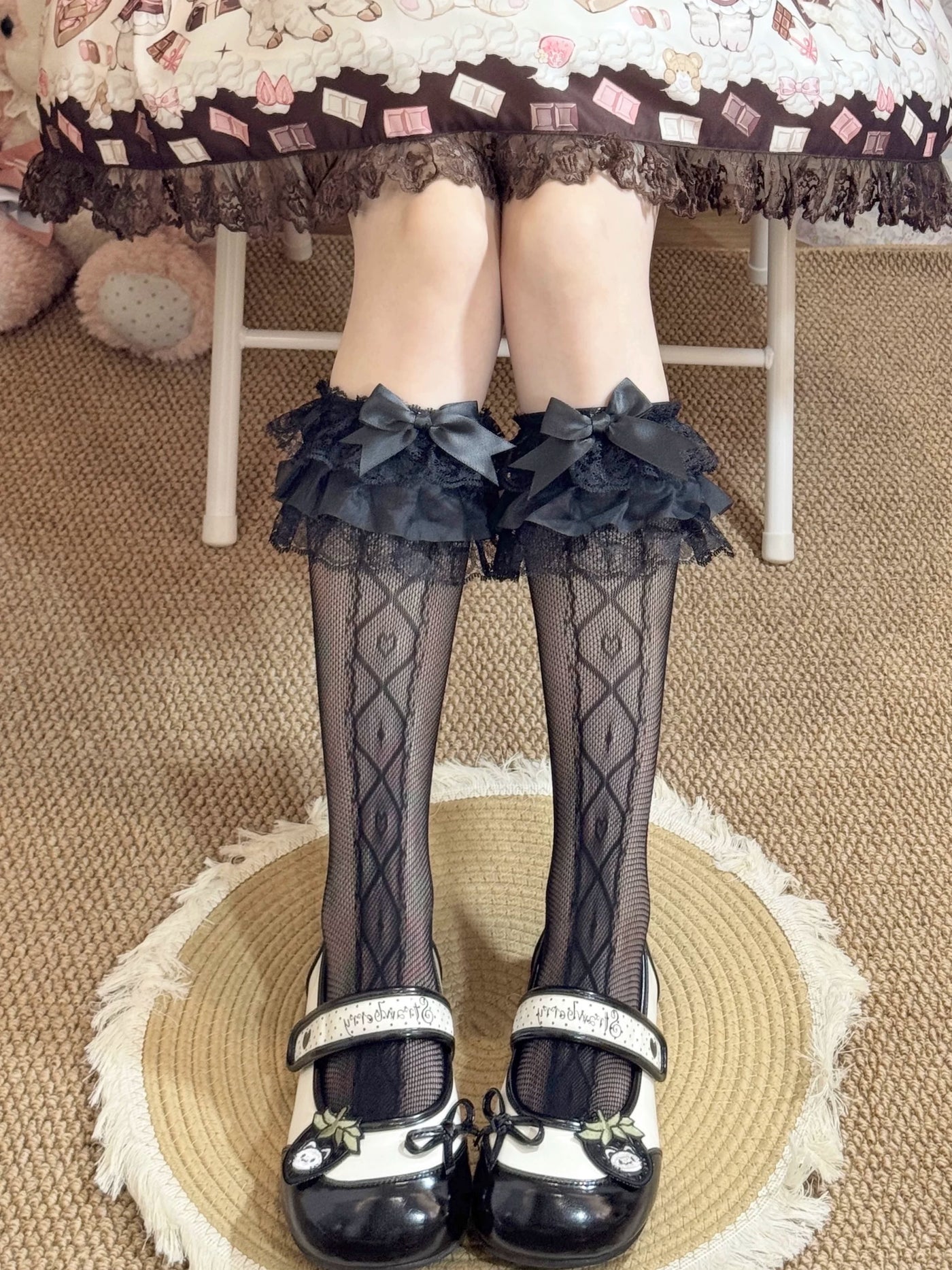 Fantasy Doll - Lace Bow Mid-Calf - Socks with Layered Lace Cuffs