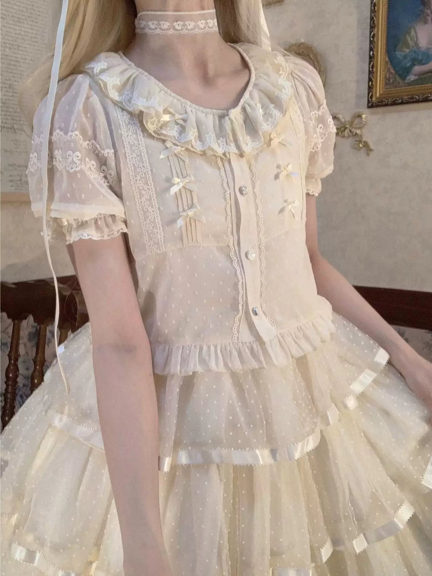 Sweetheart Dream Machine - Embroidered Dot Blouse - White or Ecru Lolita Blouse with Lace Ruffles and Bow Ties