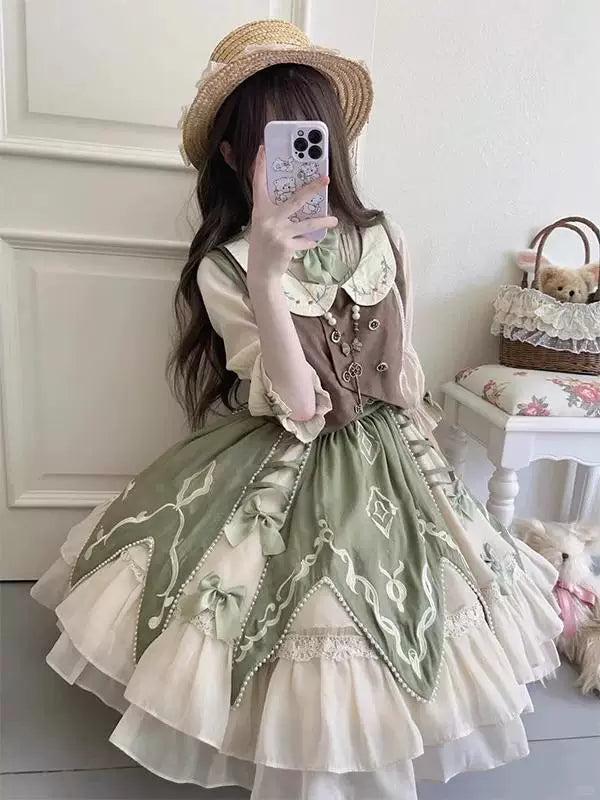 Creamy - Pastoral Garden - Vest, Shirt and Short Skirt Set with Green Panelled Skirt