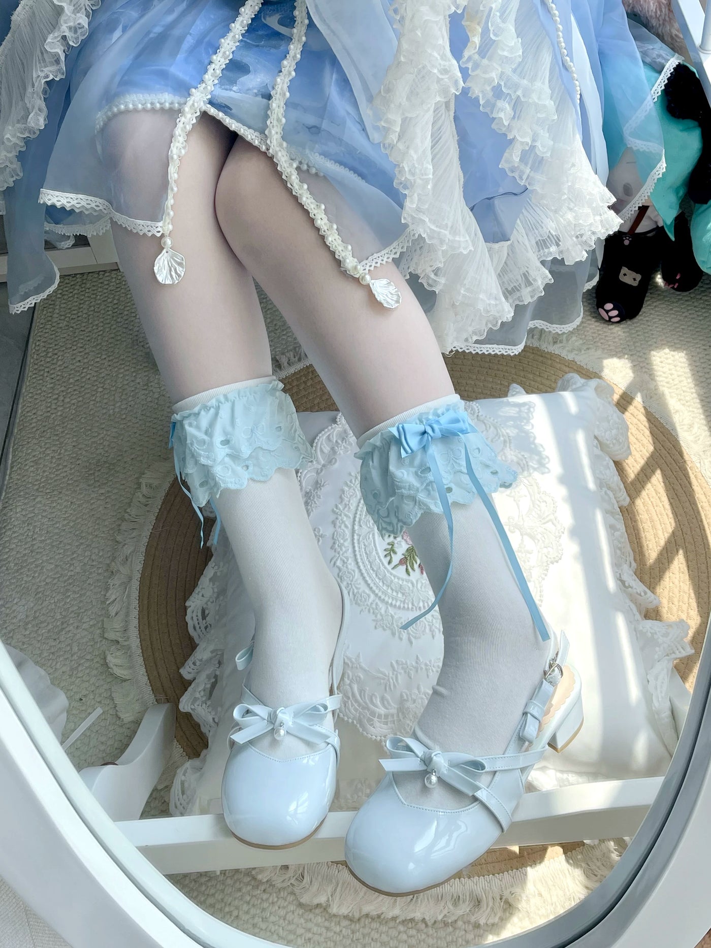 Fantasy Doll - Blue Ribbon - Mid-Calf Socks with Lace Bows
