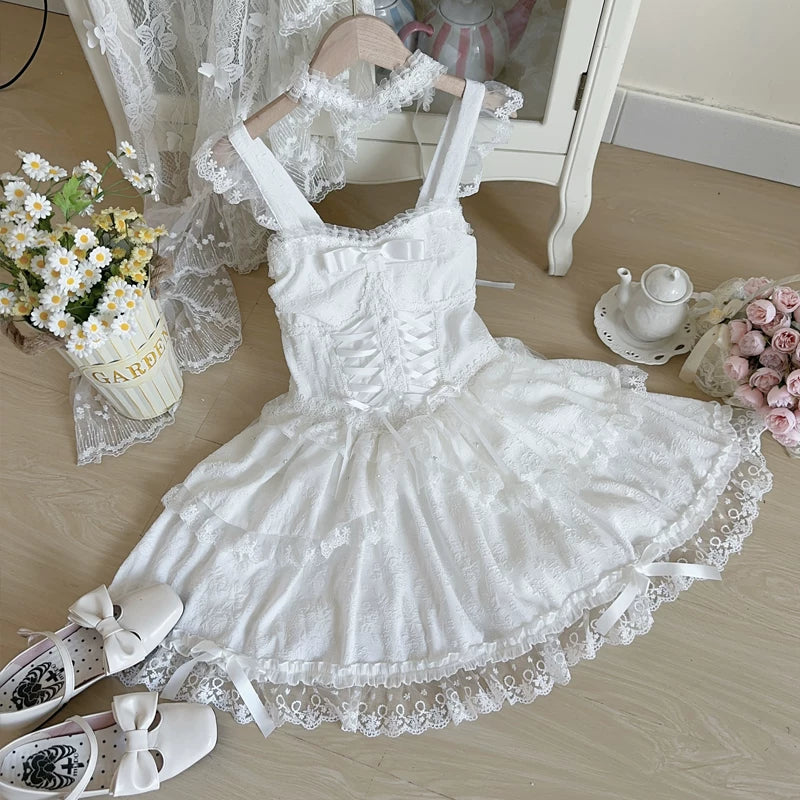 Lady Han Lolita Fufu Ballet bridal JSK dress with floral details and lace accents, shown in a soft pastel color.