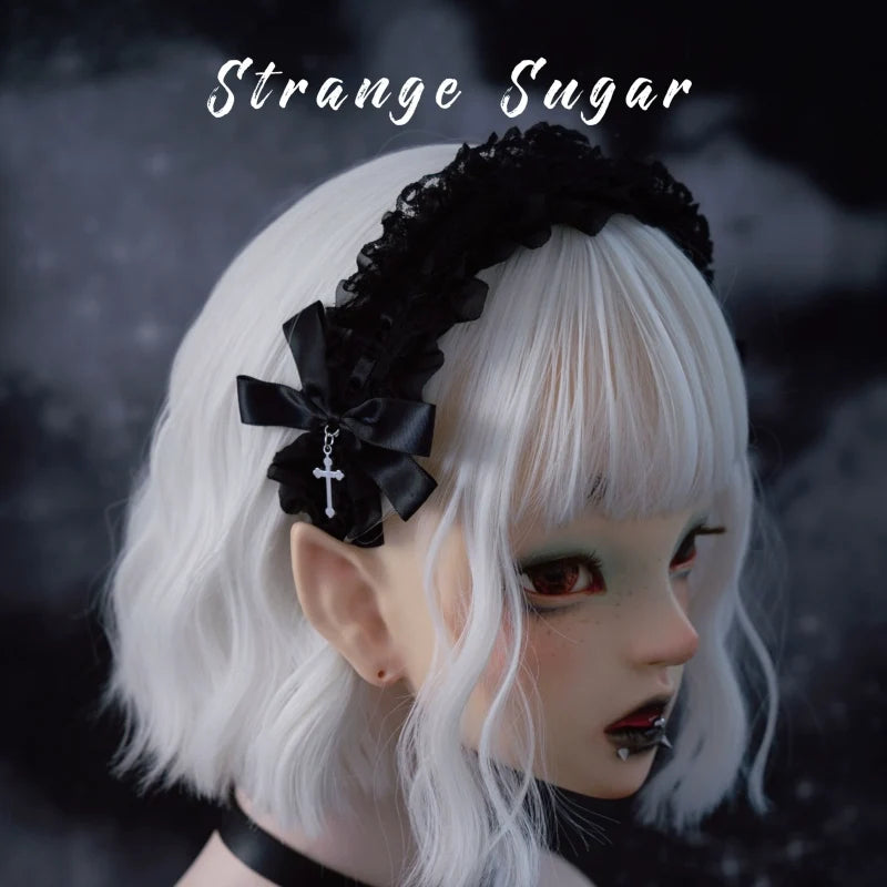 Strange Sugar - Gothic Black Lolita KC Cross Lace - Headband Lolita Accessories Headwear