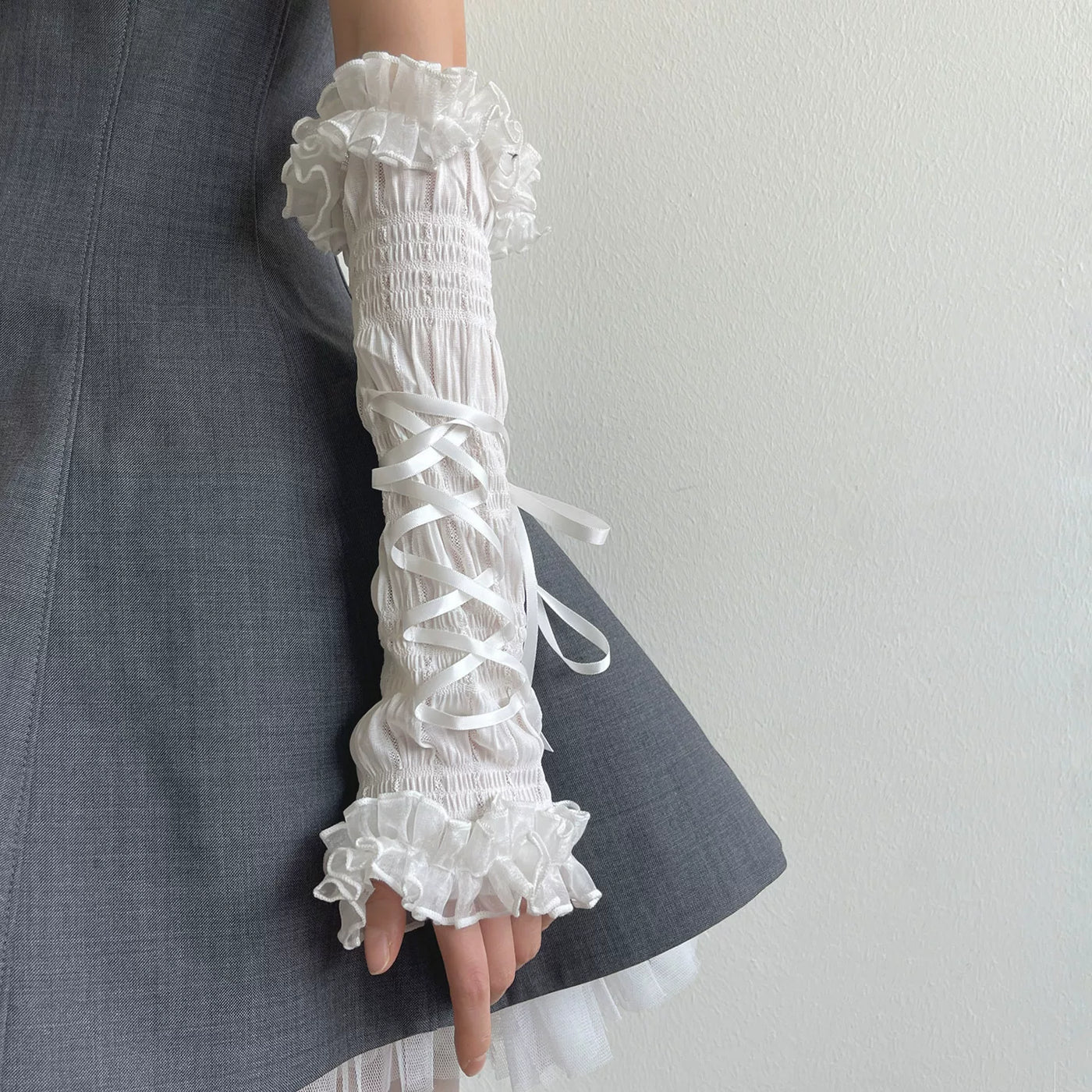 Sock Noble - Dark Ballet - Lace-Ruffle Long Arm Sleeves with Tie Straps