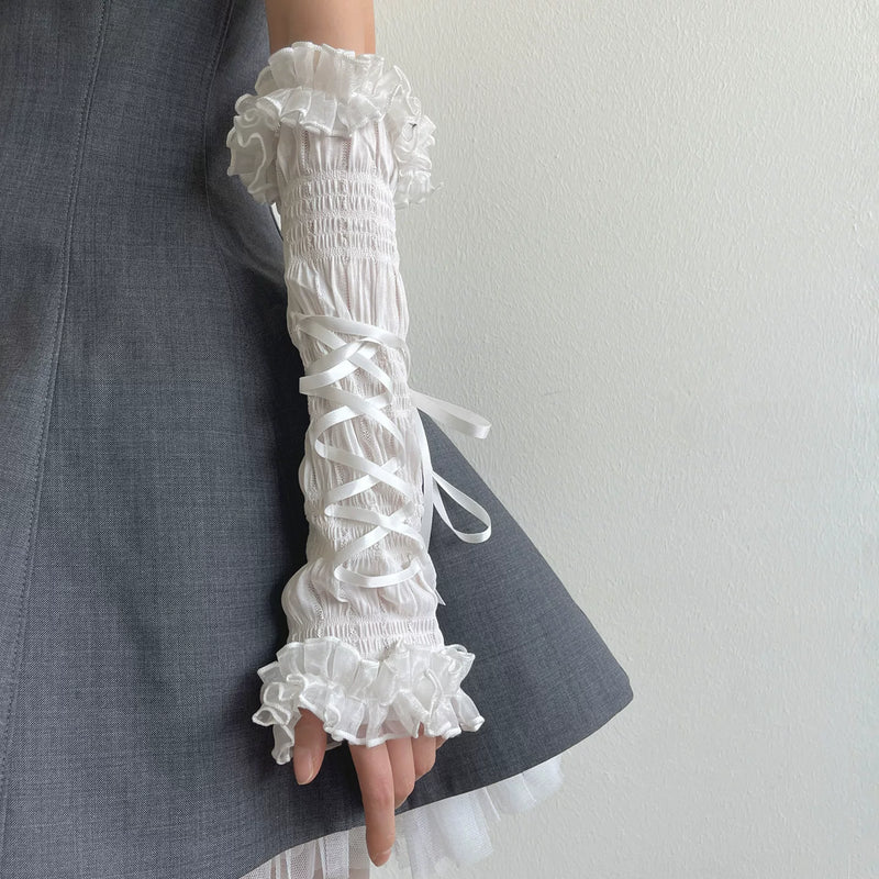Sock Noble - Dark Ballet - Lace-Ruffle Long Arm Sleeves with Tie Straps