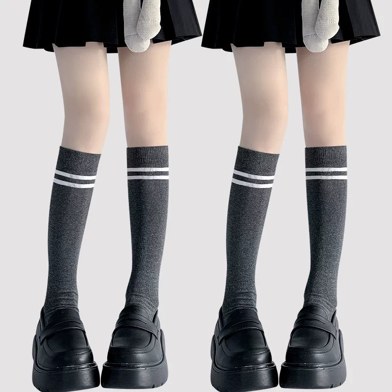 Floral Milk Cat - School Stripe - Cotton Knee Socks with Two Stripes