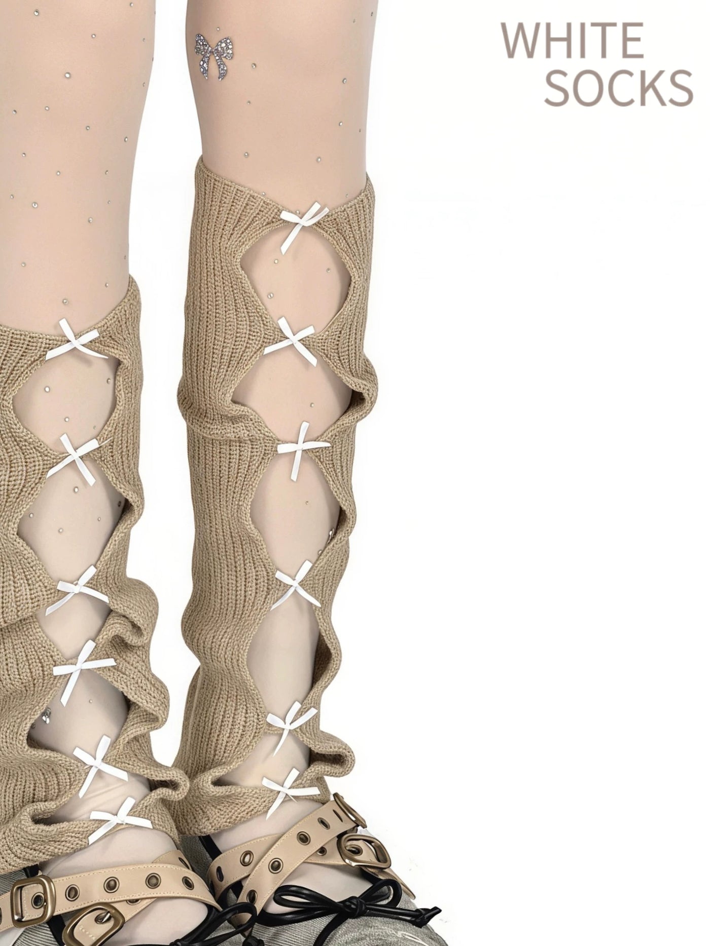 White Socks - Ballet Bow - Ribbed Cutout Leg Warmers with Ribbon Bows