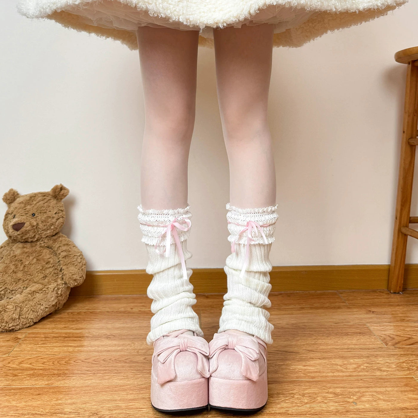 Pink ribbon Sweet Lolita leg warmers with satin bow tie