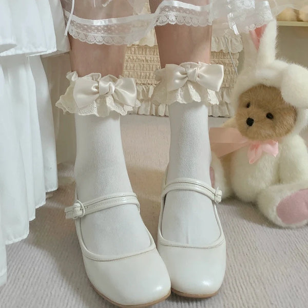 Roji Roji - Cotton Lolita Socks Lace Bow White - Socks Socks
