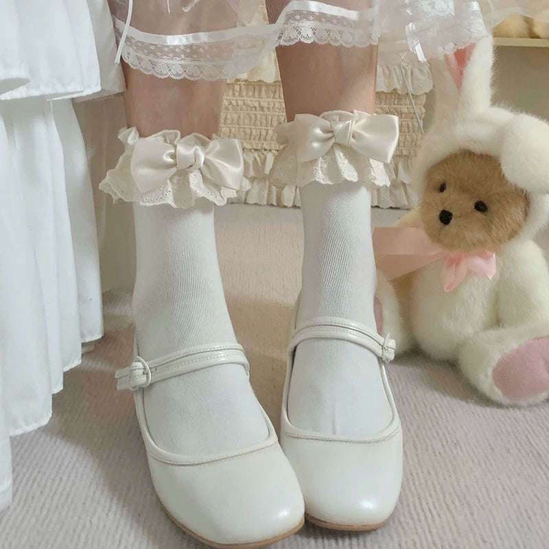 roji roji - Bow Lace - Lolita Short Socks with Lace Cuffs